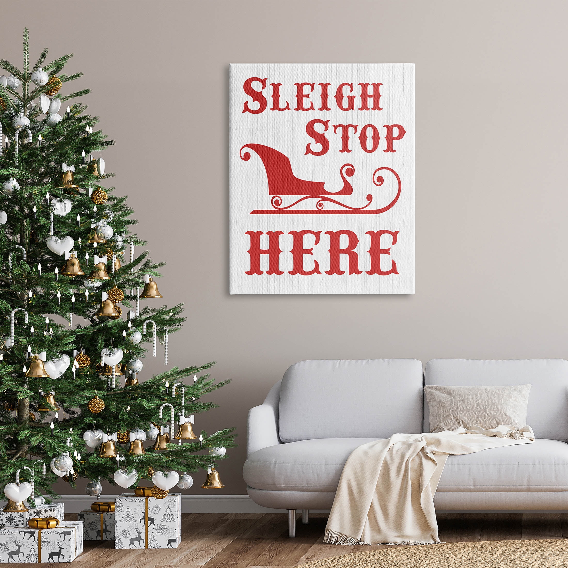 Sleigh Stop Here Christmas Landing Sign Holiday Graphic Art Gallery Wrapped Canvas Print Wall Art