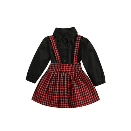

Canrulo Christmas Kids Baby Girls Clothes Set Solid Blouse Plaid Print Suspender Skirt Outfits Black 2-3 Years