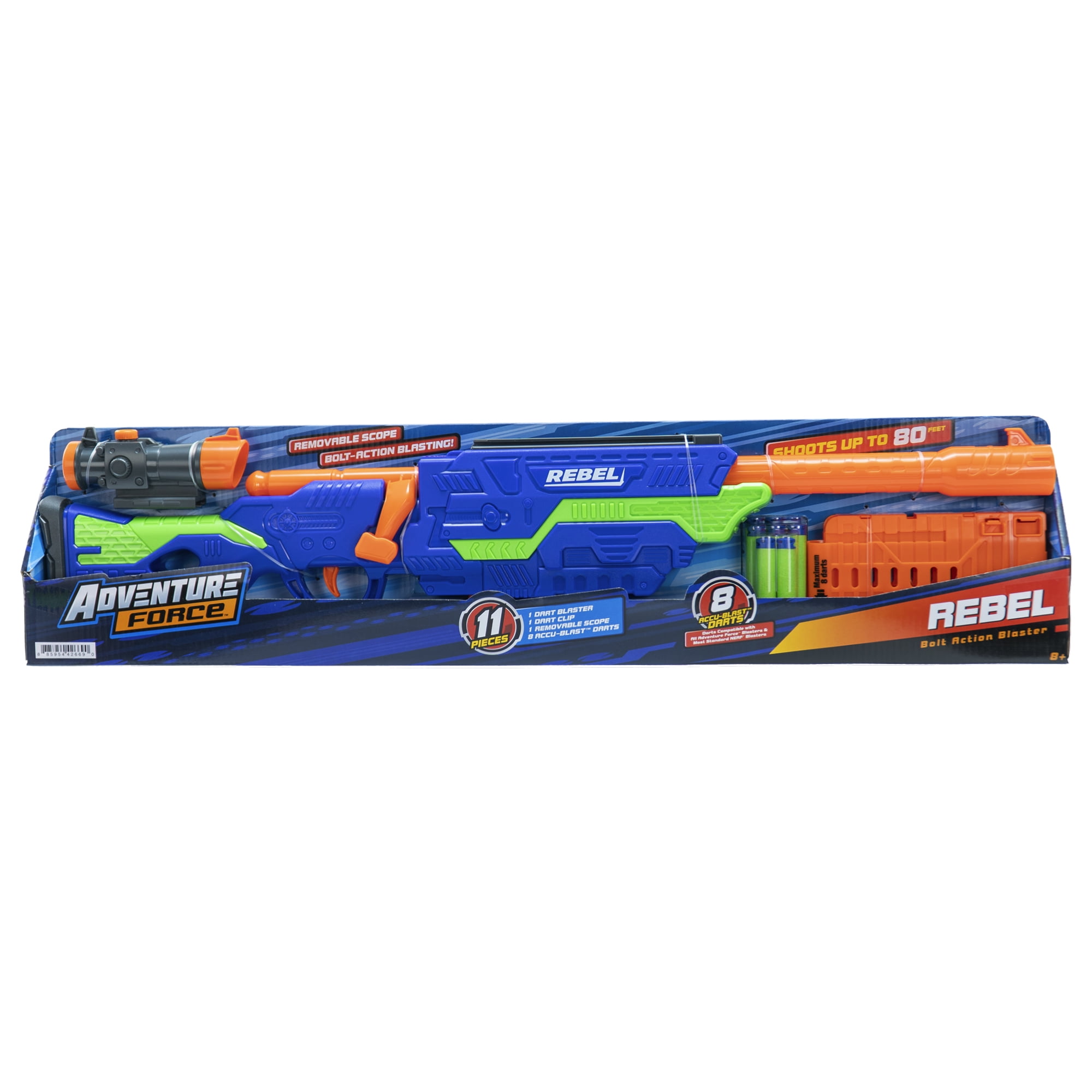 Adventure Force Rebel Foam Dart Blaster Set, Bolt-Action Clip-Fed Design, 1 Blaster with 8 Accu-Blast Darts, Clip and Detachable Scope, Compatible with Most Standard Nerf Blasters, Ages 8+