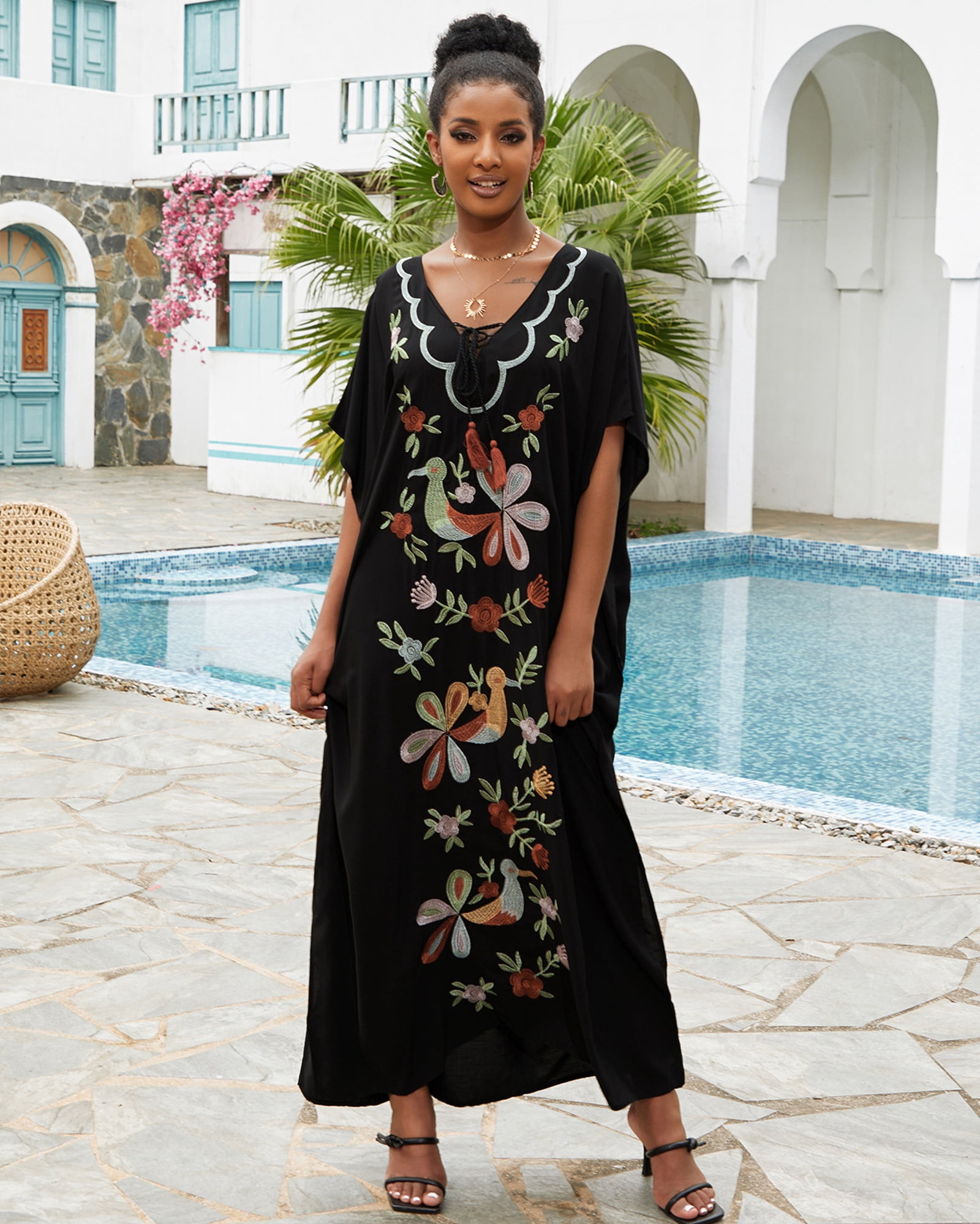black floral embroidered maxi dress Romantic Beauty Black Floral Embroidered Strapless Maxi Dress