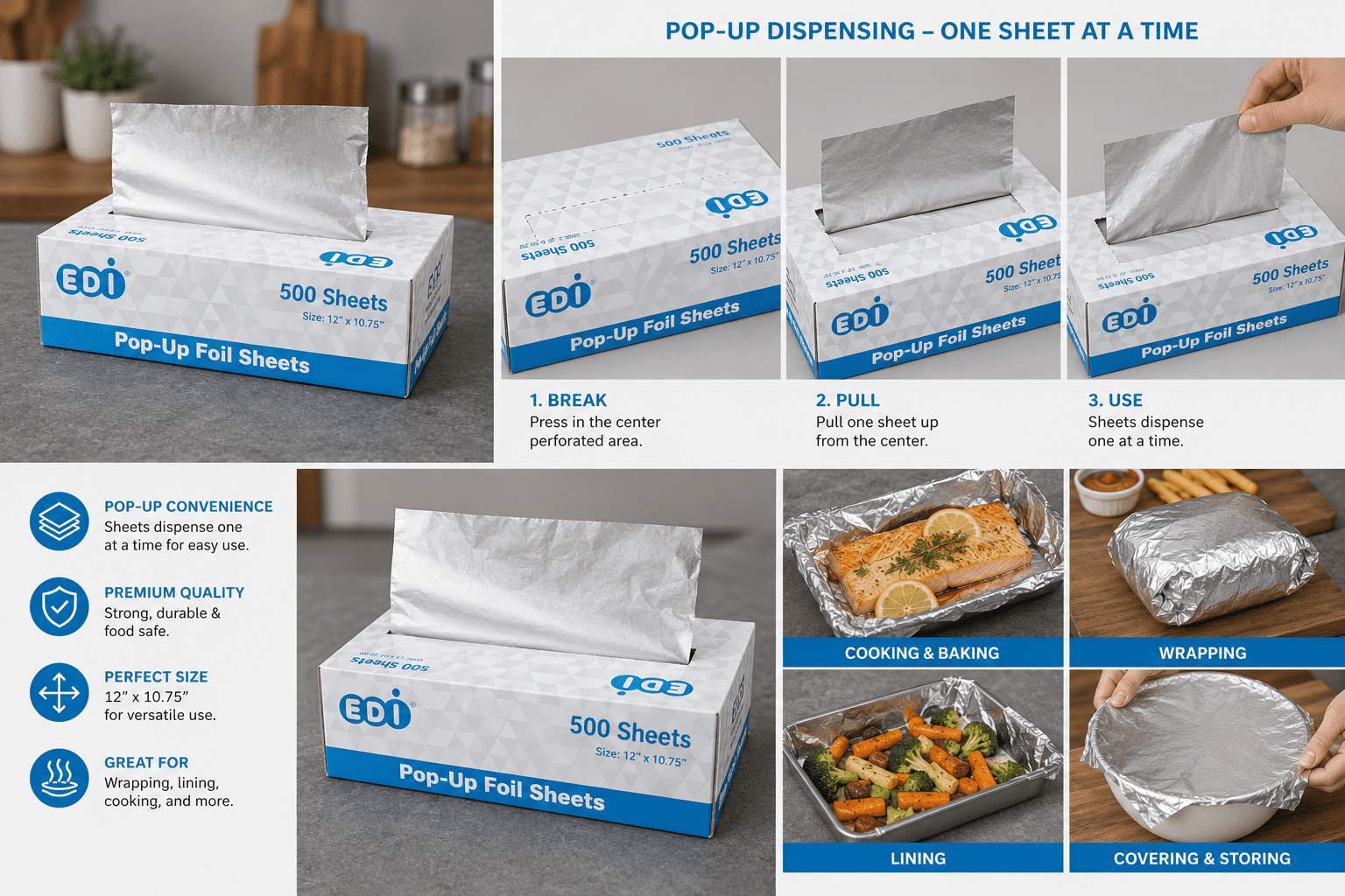 EDI Heavy Duty Aluminum Foil - Pop Up Sheets (12" x 10.75", 500)