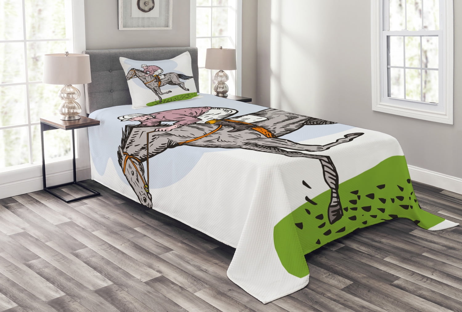 Horse Pacing on Grass Print Details about   Nature Quilted Coverlet & Pillow Shams Set 
