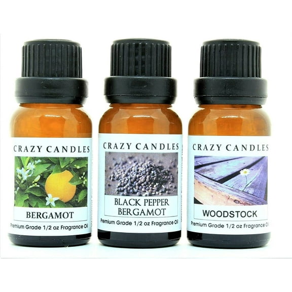 Crazy Candles 3 Bottles Set, 1 Bergamot, 1 Black Pepper Bergamot, Woodstock 1/2 Fl Oz Each (15ml) Premium Grade Scented Fragrance