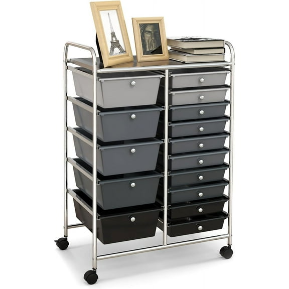 YSNW 15-Drawer Rolling Cart, Storage Carts with Removable Drawers & Steel Frame, Utility Cart on Lockable Wheels for Home, School, Office, Black Gradient