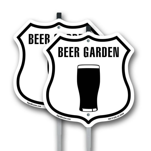 Beer Garden (2 Pack) 12 inch X 12 inch Shield Shaped Commercial Grade Plastic Signs with Aluminum Mounting Stakes Weather Resistant Made in the USA