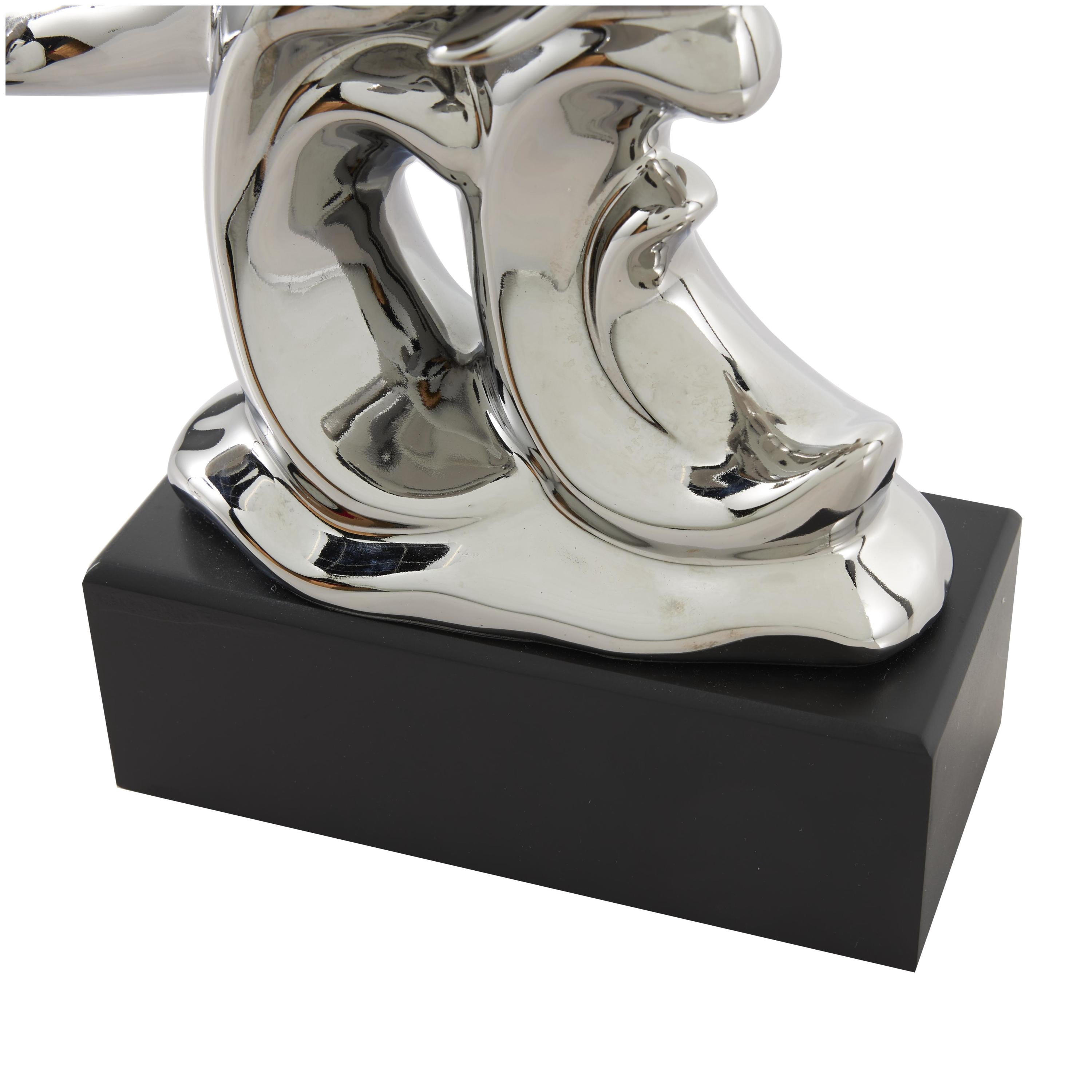 10" x 9" Silver Ceramic Dolphin Sculpture with Black Block Base, by DecMode