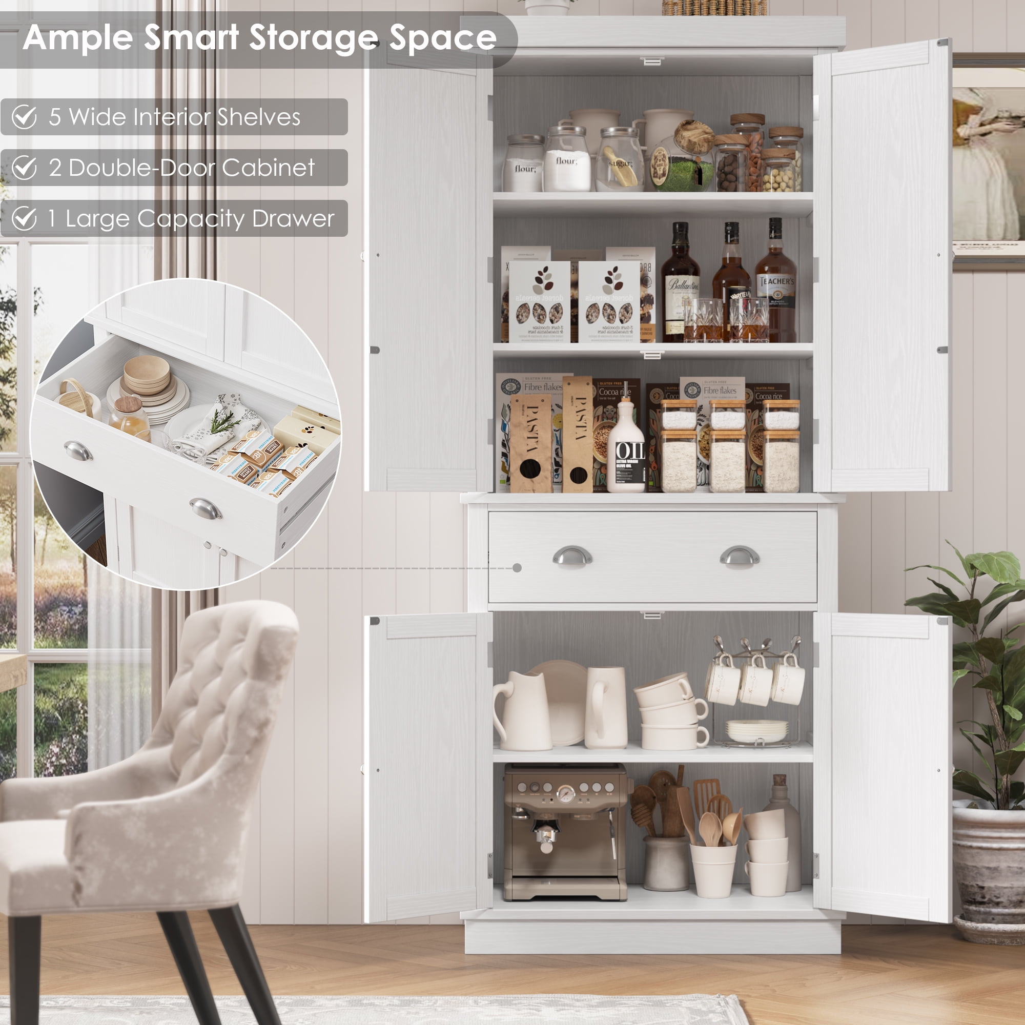 Homfa 72.4'' Tall Kitchen Pantry with 4 Doors, Large Drawer Shelves Wood Pantry Storage Cabinet for Dining Room Living Room, White