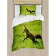 thumbnail image 3 of Fox Queen Size Duvet Cover Set, Red Fox Jumping Running in Fresh Green Grass Daytime Nimble Clever Ferocious Canine, Decorative 3 Piece Bedding Set with 2 Pillow Shams, Green Brown, by Ambesonne, 3 of 3