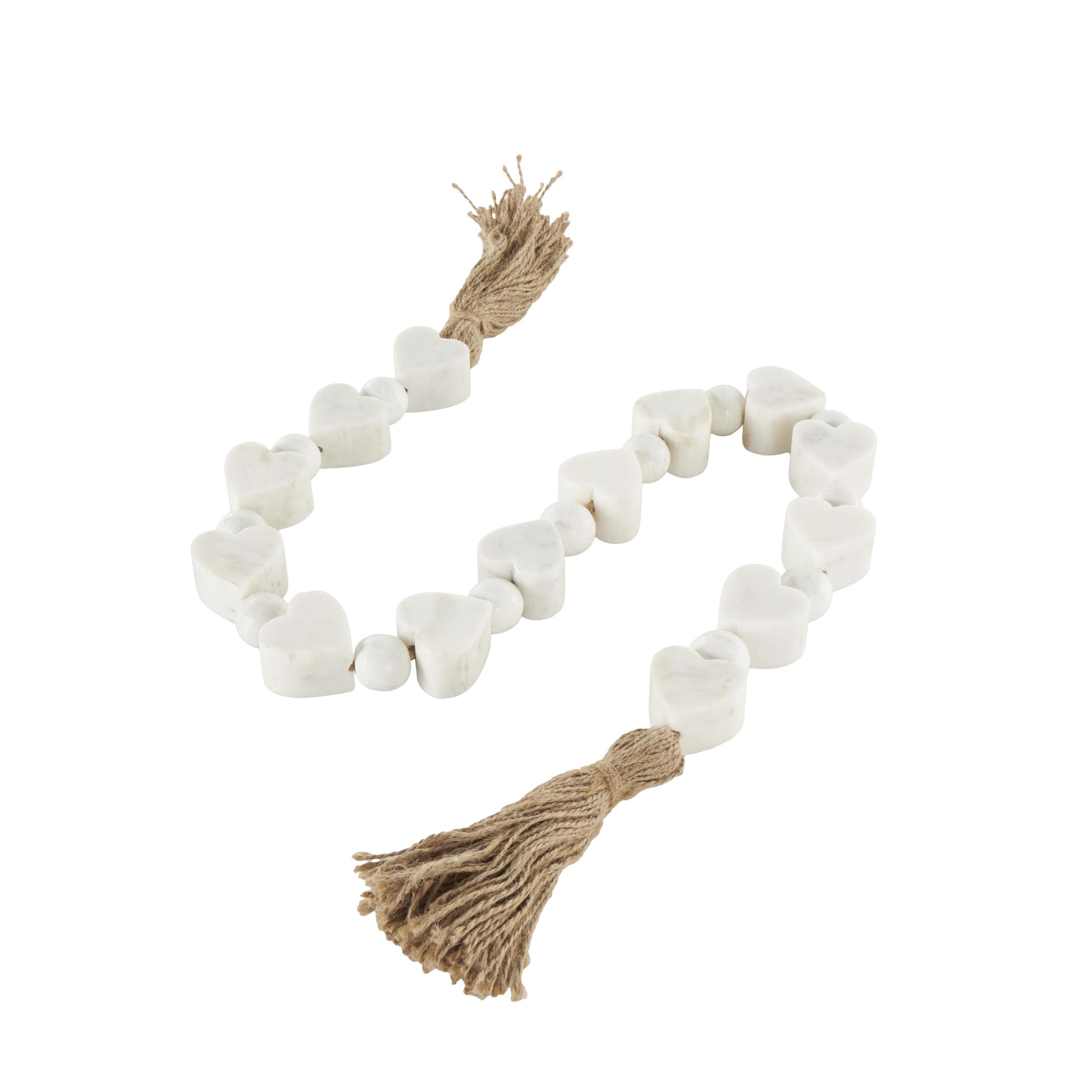 DecMode Handmade White Marble Heart Garland with Tassel with Knotted Jute