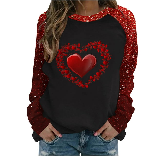 Penkiiy T-Shirt Col Rond pour Femmes 2025 Manches Longues Ample Confortable Saint-Valentin Slim Grande Taille Imprimé Cœur S Rouge