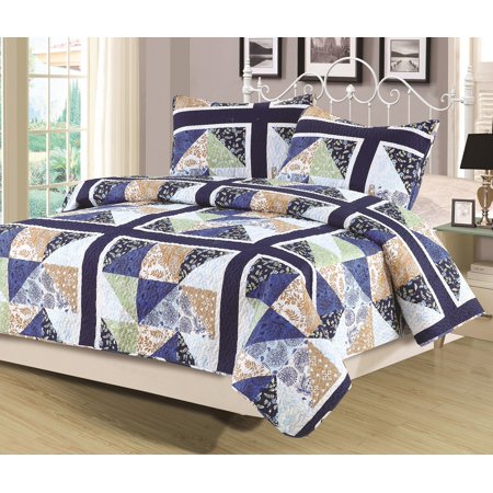 Queen Quilt Patchwork Blue Green Tan Multi Color Bedspread 3 Piece Set