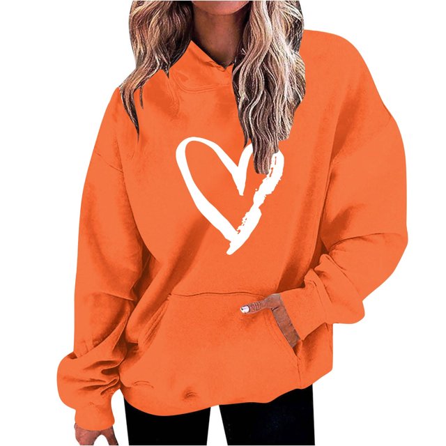 Penkiiy Sweat à Capuche Imprimé Col Rond pour Femmes, Manches Longues, 3TG Orange