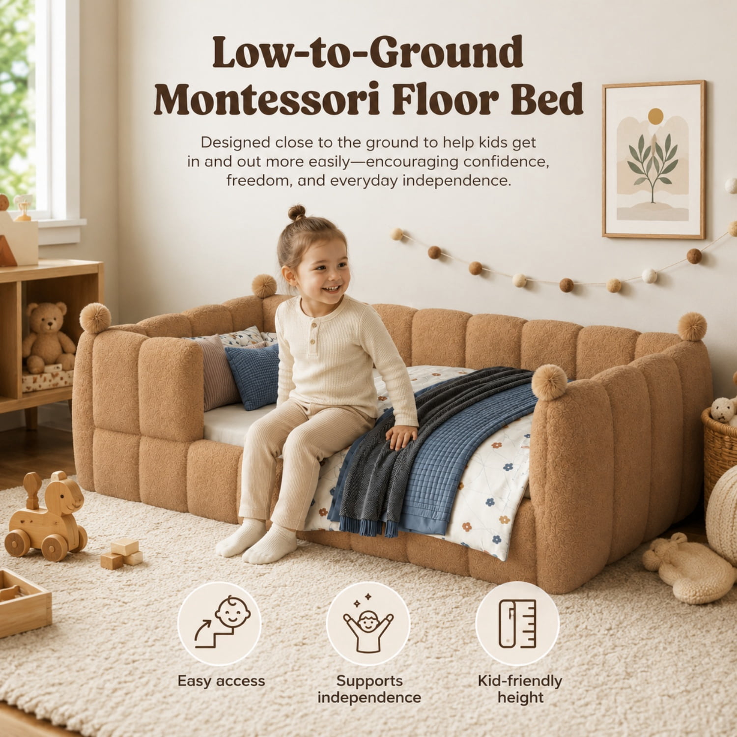 Miniyam Twin Size Kids Floor Bed with Soft Upholstered Guardrails, Low-to-Ground Montessori Bed Frame, Natural
