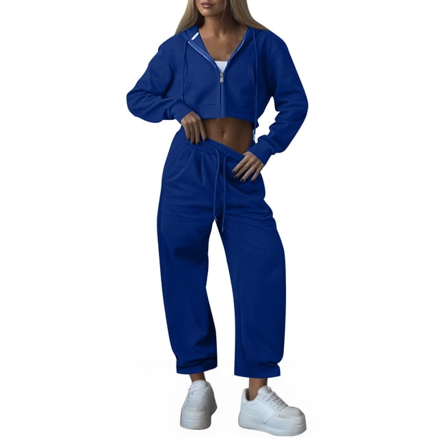 UPPADA Legging and Top Set,Women Two Piece Fall Outfits 2 Pc Oversized Outfits Fleece Zip up Hoodie Matching Drawstring Joggers Tracksuit Sets with Pockets Blue,M