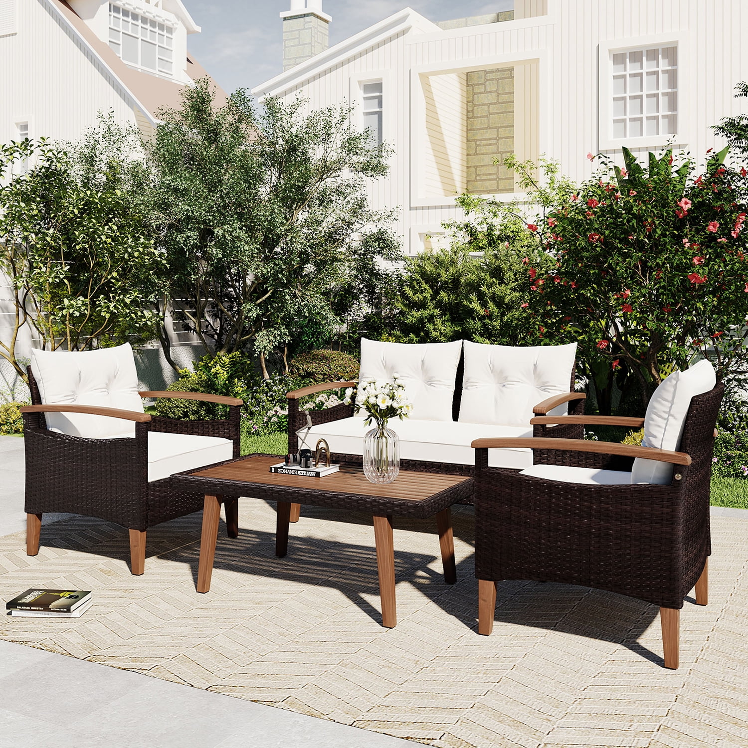Kadyn 4-Piece Patio Seating Set, Wicker Garden Furniture with Wood Table and Legs, PE Rattan Outdoor Sofa Set for Balcony, Beige Kadyn 4-Piece Patio Seating Set, Wicker Garden Furniture with Wood Table and Legs, PE Rattan Outdoor Sofa Set for Balcony, Beige