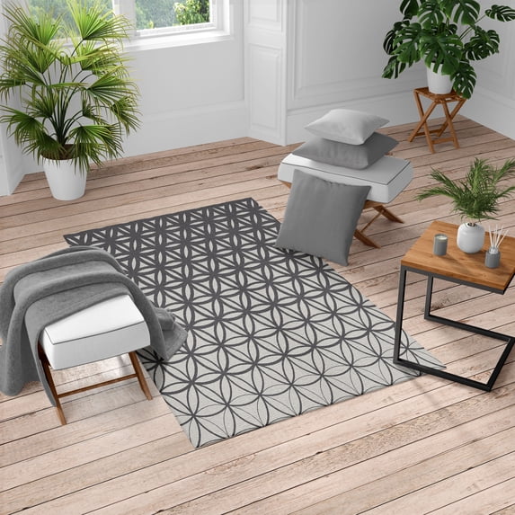 Abstract Turkish Area Rug, Retro Geometric Ombre Inspired Pattern Classic Curves Illustration, Soft Carpet for Living Room Decor with Distressed Look, 4' X 5.7', Grey Dust, by Ambesonne