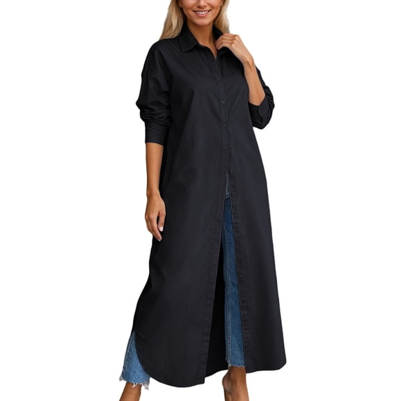 Womens Solid Color Casual Shirt Long Sleeve Button Down Lapel Collar Tunic Top Lightweight Versatile Blouse Black L