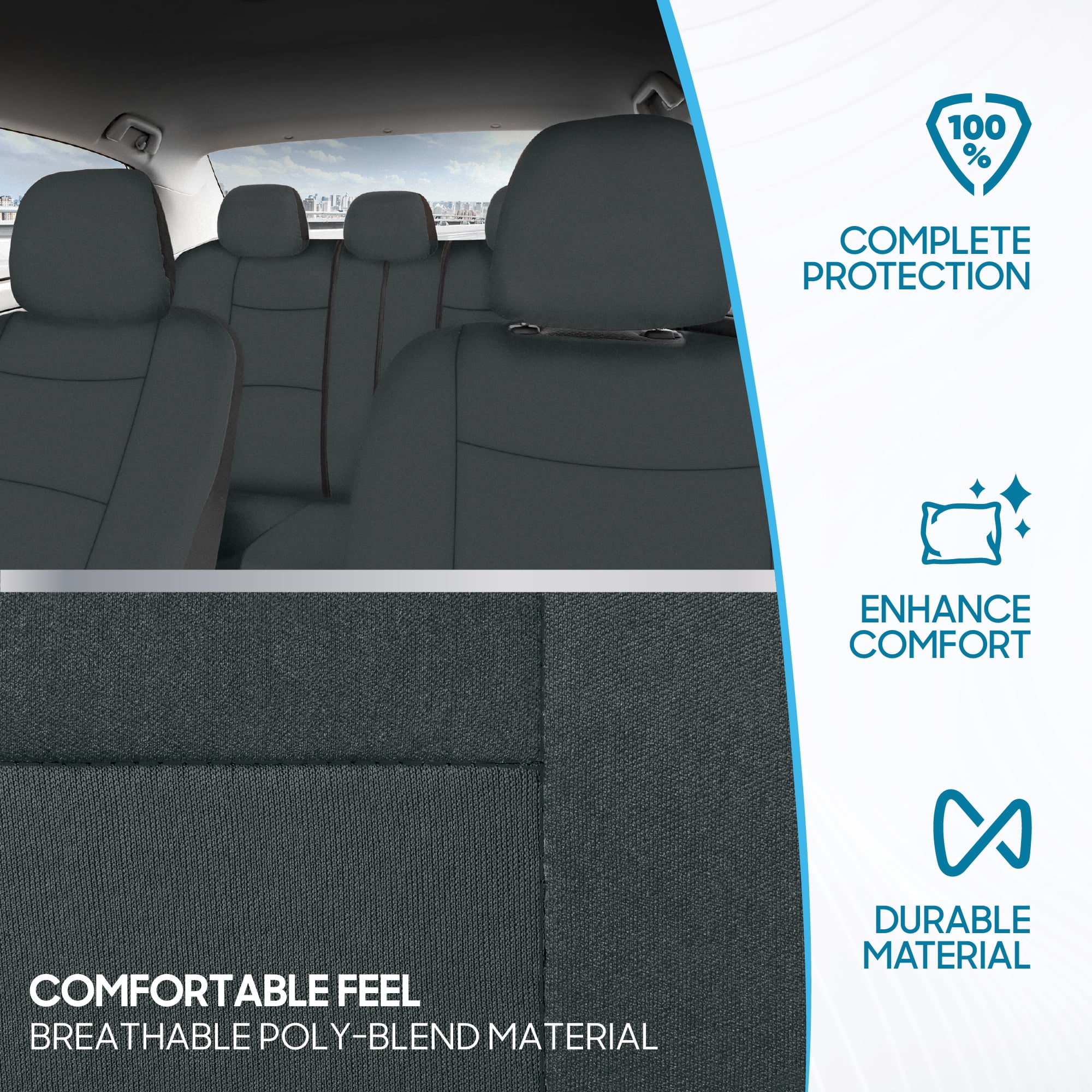BDK PolyPro Car Seat Covers Full Set in Solid Charcoal – Front and Rear Split Bench Seat Covers for Cars, Easy to Install, Accessories for Auto Trucks Van SUV