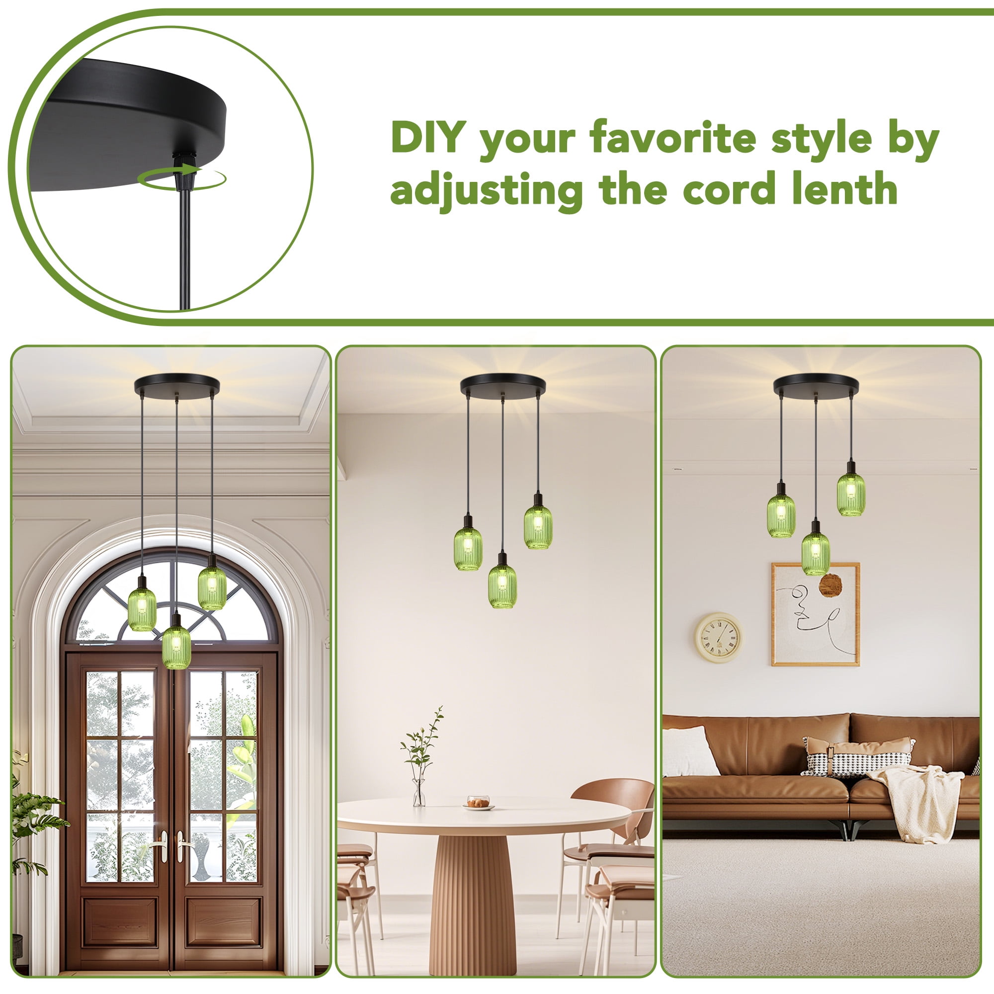 SparkGlowy 59in Glass Chandelier Pendant Lights for Kitchen Island Dining Room Modern Light Fixture Chandeliers Green