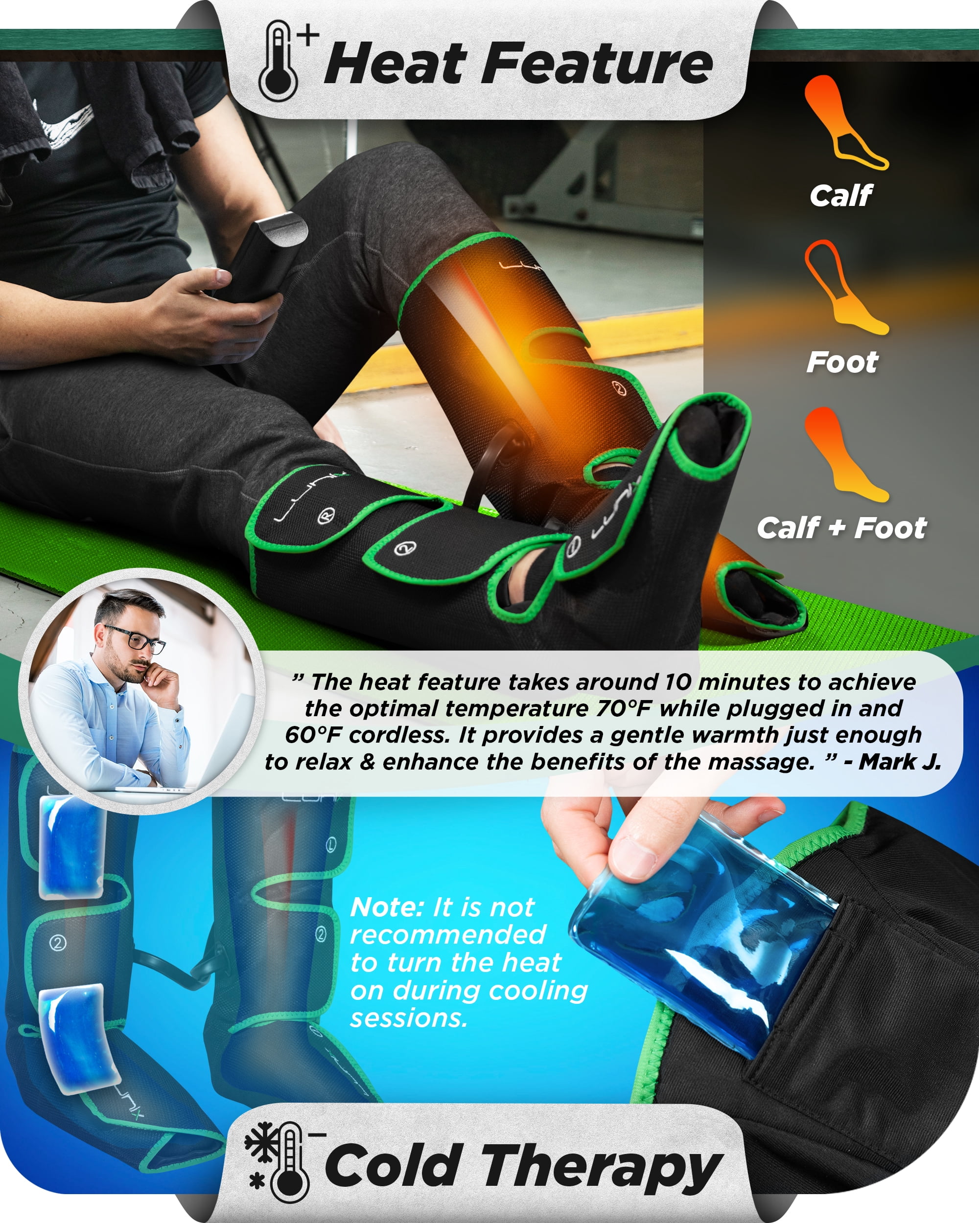Lunix LX1 Foot and Calf Compression Massager, Cordless Rechargeable Leg Massager with Heat, Forest Green