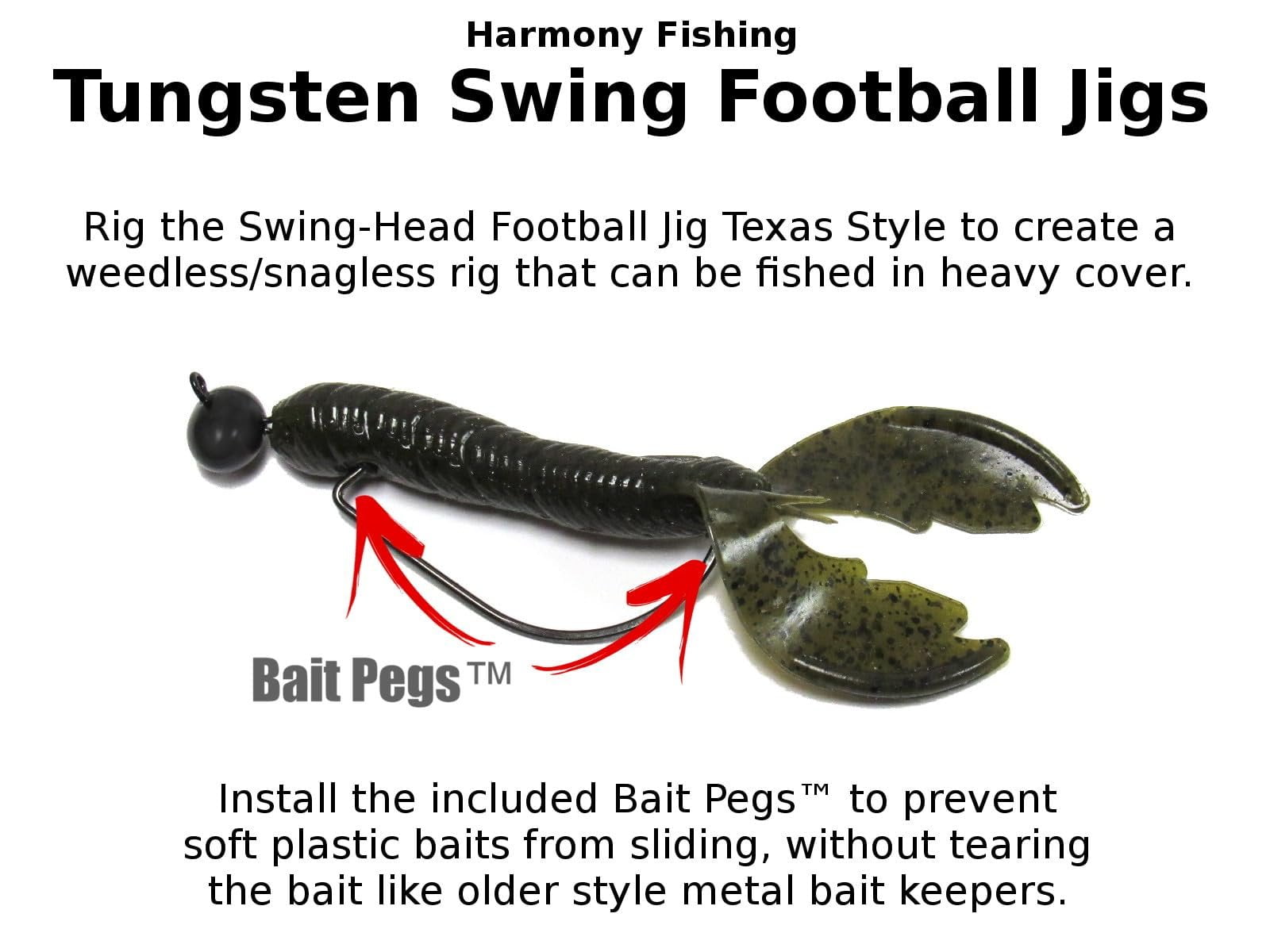 Harmony Fishing - Tungsten Swing Football Jigs [Pack of 3 w/ 10 Bait Pegs] Swinging Football/Rugby jigs with Hooks for bass Fishing 3/4 oz, 5/0 Hook 3 Pack