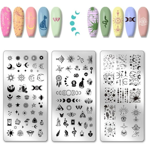 Juego de 3 placas para estampar uñas con diseño de luna y sol, plantillas para arte de uñas con adivinación, plantillas de arte misterioso, placas de acero inoxidable con imágenes.