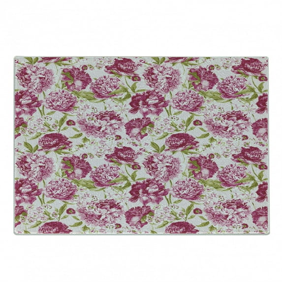 Flowers Cutting Board, Floral Theme Vintage Pink Peonies and Leaves Spring Nature Pattern, Decorative Tempered Glass Cutting and Serving Board, Small Size, Pink White Olive Green, by Ambesonne