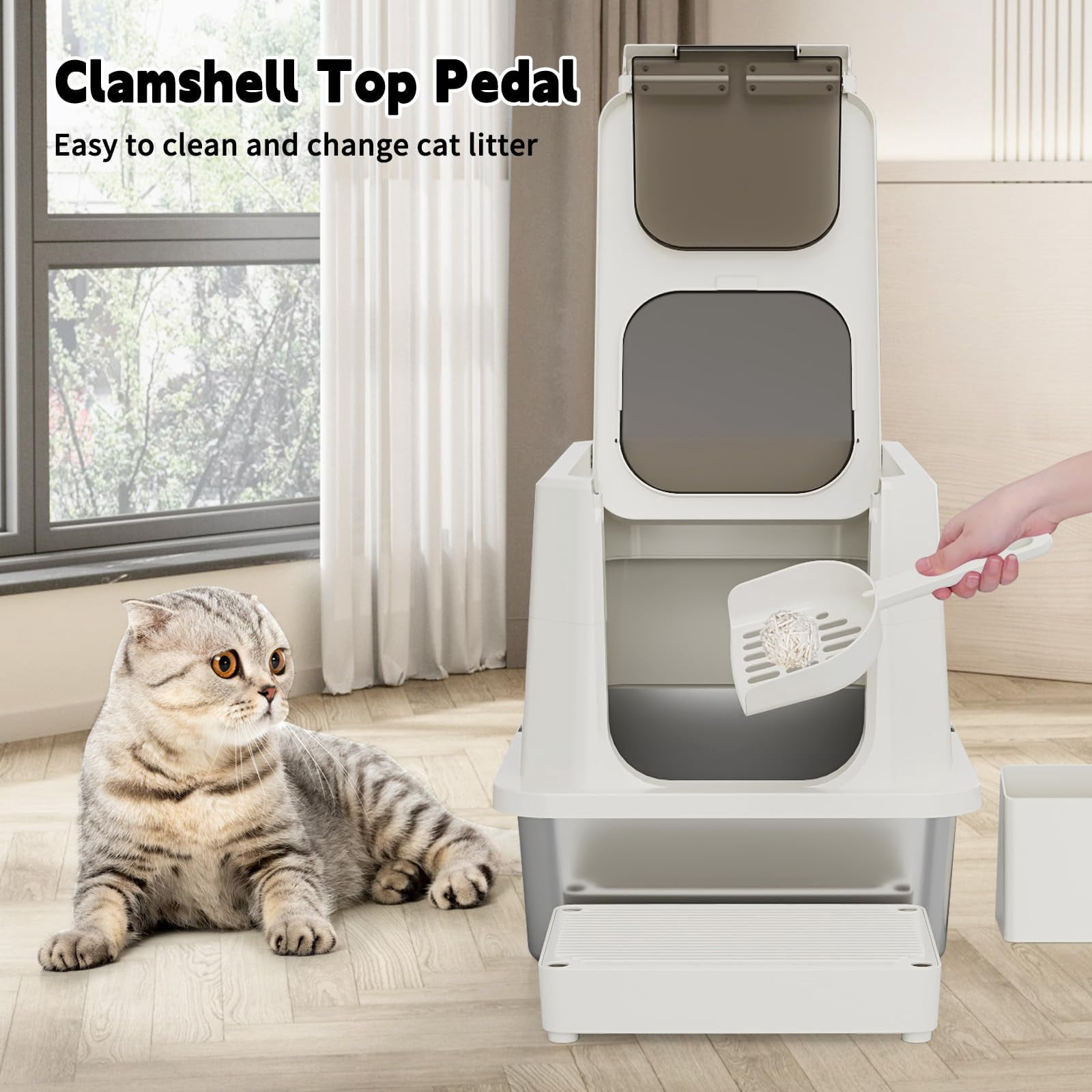Stainless Steel Cat Box: Beige Leak-proof Large Enclosed Litter Pan Indoor Odorless Tray For Multiple Cats - Teflon Non-stick Coating Under 20 Lbs Ideal Laundry Room Balcony