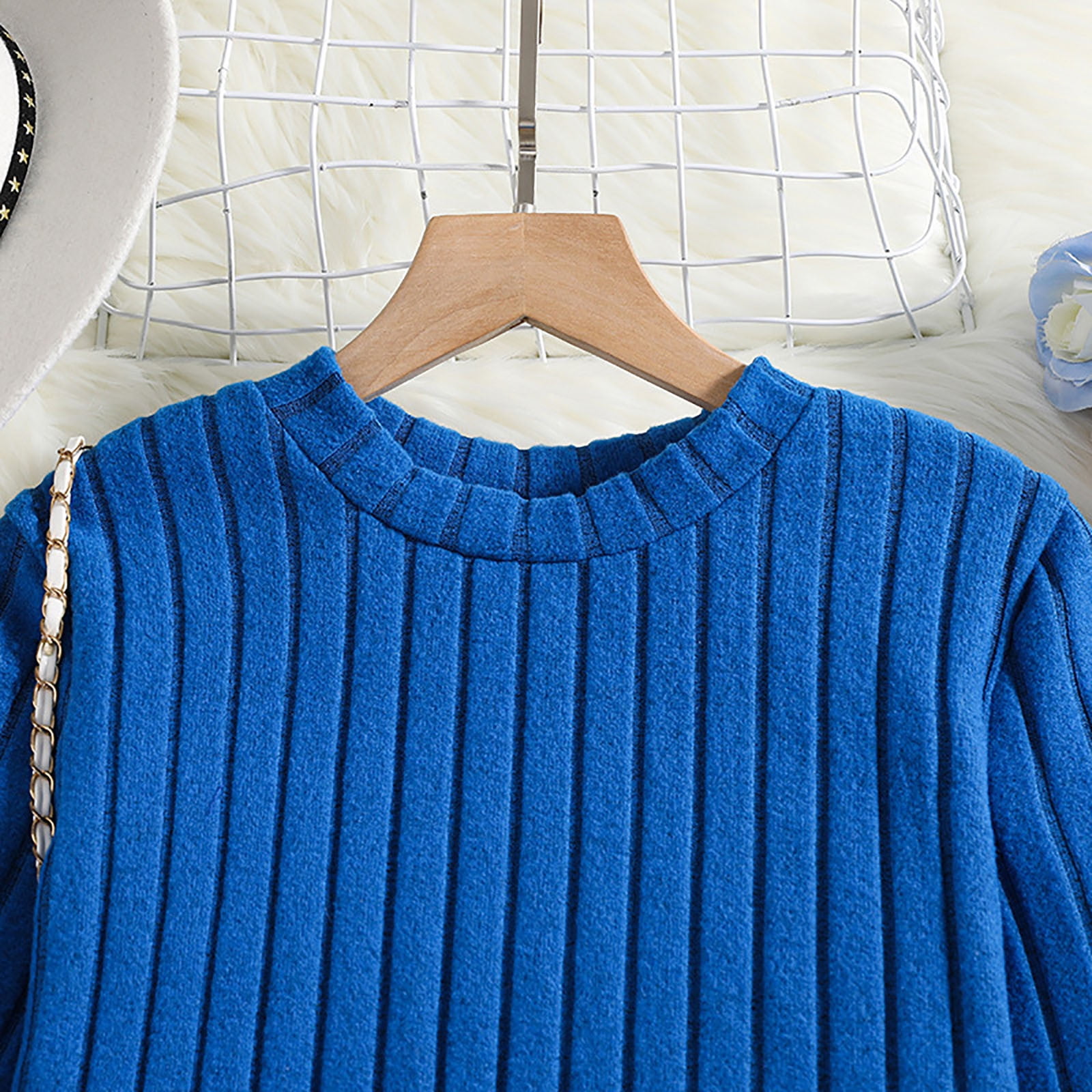 Baby Outfits Kids Girl's Autumn Winter Solid Striped Long Sleeve Tops Flared Pants Set Girls Clothes Blue 11 Years-12 Years