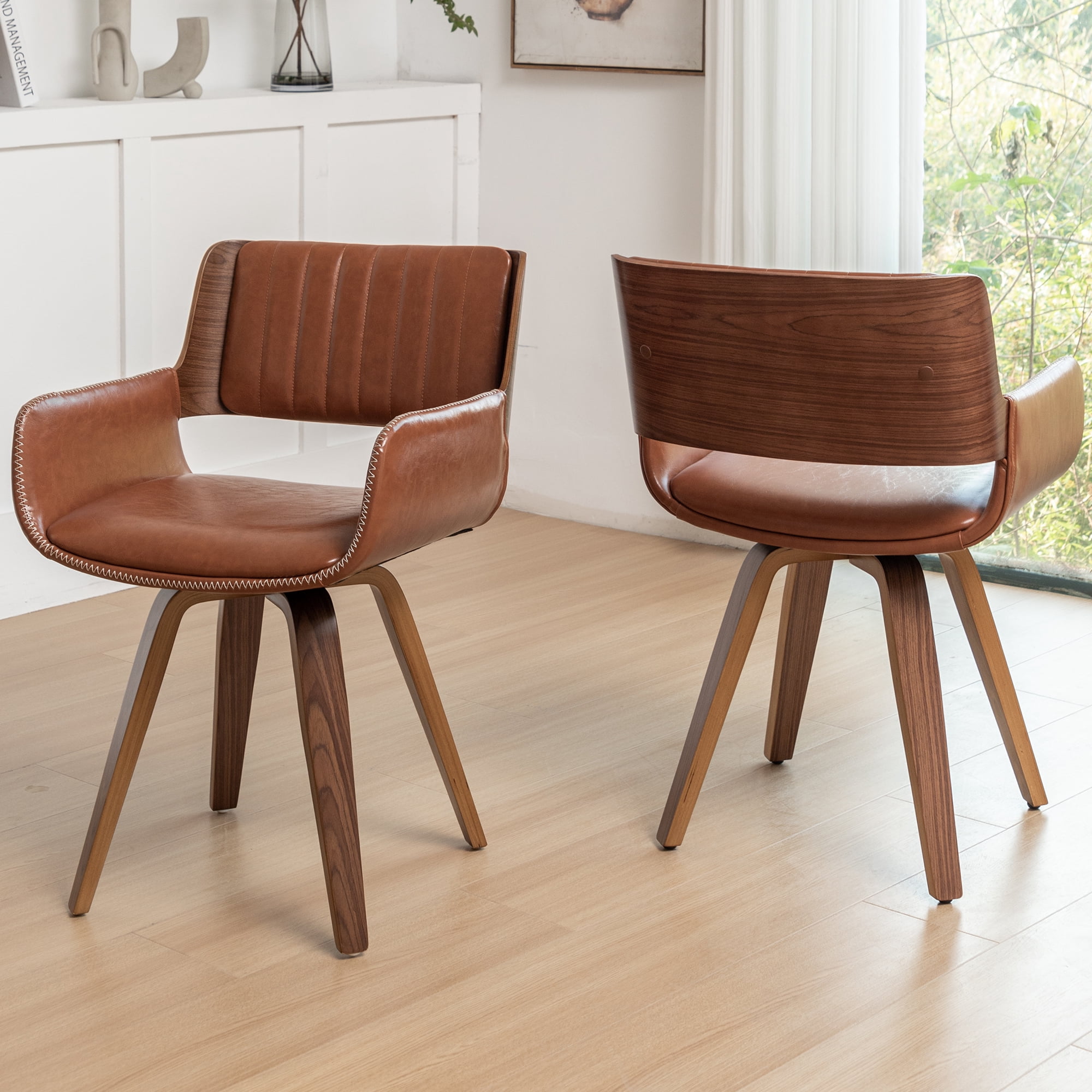 FOWEOAIU Modern Dining Chairs,Leather Upholstered Walnut Wood With rotation Kitchen Dining Chairs , Brown (Set of 2)