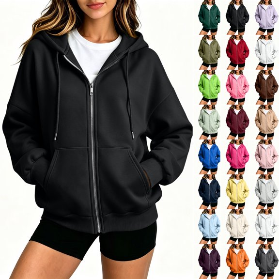 Dweltoz Zip Up Hoodies for Women Oversized Casual Sweatshirts Cute Full Zip Cozy Jackets with Pockets Fall Winter Long Sleeve Hooded Clothes,Black M