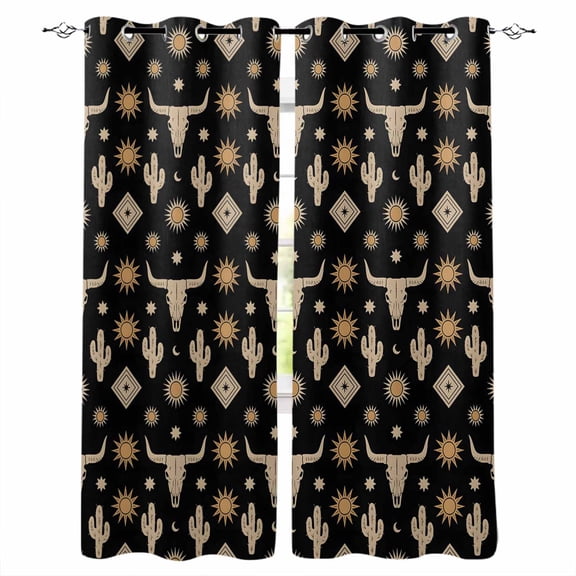 Fsddascl Western Cowboy Blackout Curtains for Bedroom/Living Room, Thermal Insulated Kitchen Curtains, Country Cow Head Cactus Sun Vintage Grommet Darkening Window Treatment Drapes 52"x72"x2