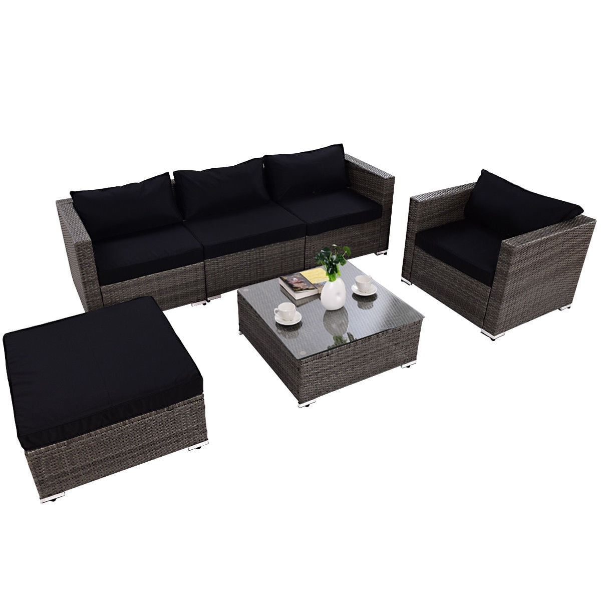 Costway 6 Piece Rattan Wicker Patio Furniture Set Sectional Sofa Couch Yard W Black Cushion