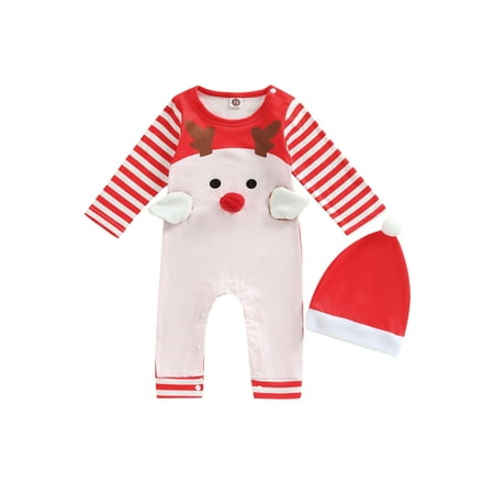 

Eyicmarn Infant Baby Girls Boys Christmas Jumpsuit Cartoon Reindeer Print Long Sleeve Round Neck Full Length Romper with Hat