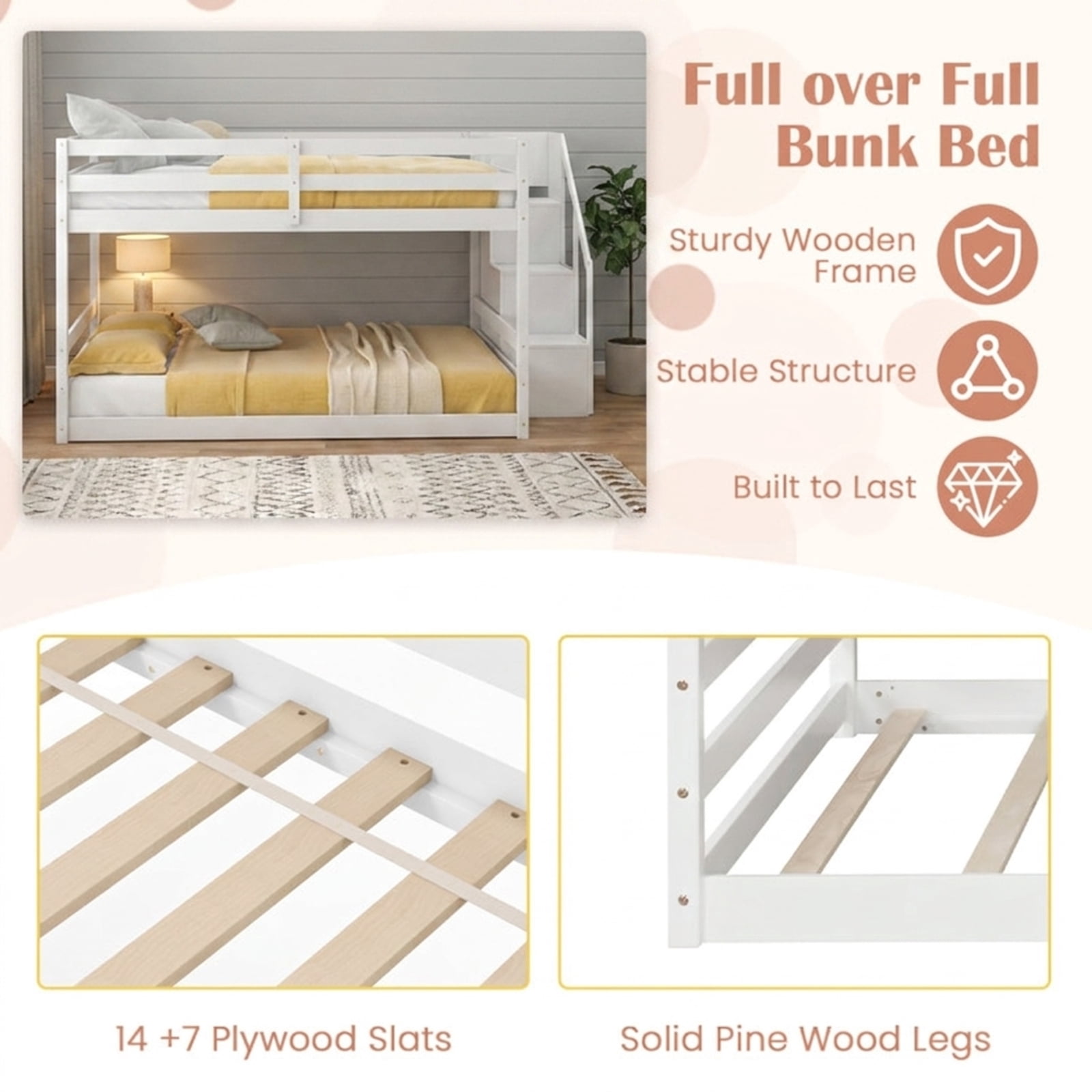 Furnibear Solid Wood Full Over Full Low Bunk Bed with Storage Stairs and Headboard for Kids Bedroom Platform Sleep Space, White