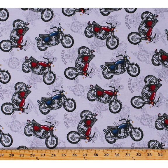 Cotton Motorcycles Motorbikes Repair Service My Tools My Rules Gray Cotton Fabric Print by the Yard (513-90)