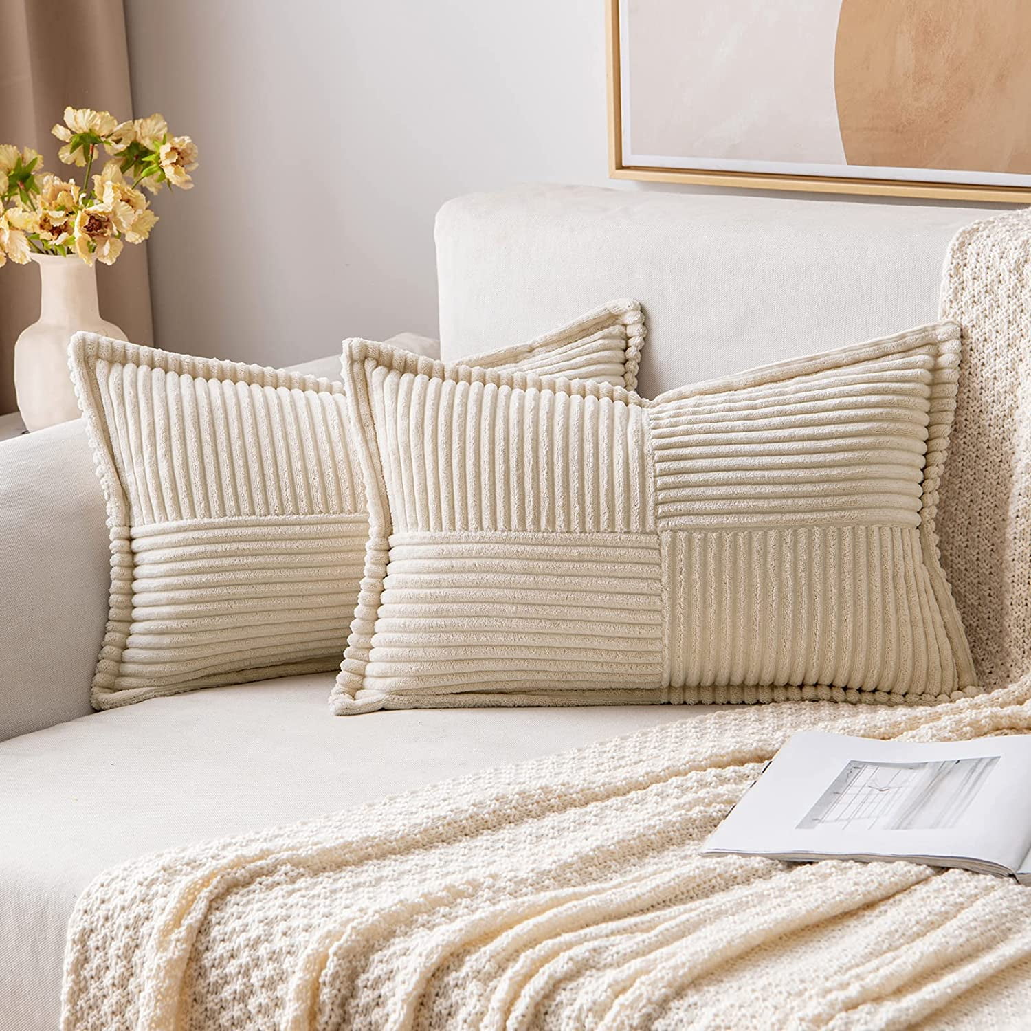 Iguohao Corduroy Pillow Covers With Splicing Set Of 2 Super Soft Boho Striped Pillow Covers Broadside Decorative Textured Throw Pillows For Spring Cou