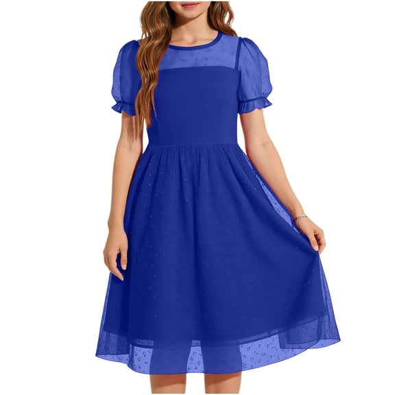 Zpanxa Girls Dresses, Girl's Polka Dot Mesh Dress Solid Round Neck Short Sleeve Princess Dresses Blue 13 Years