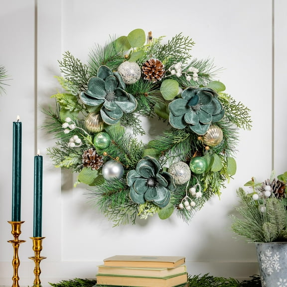 Shades of Green Wreath Artificial with Ornaments, 20"H