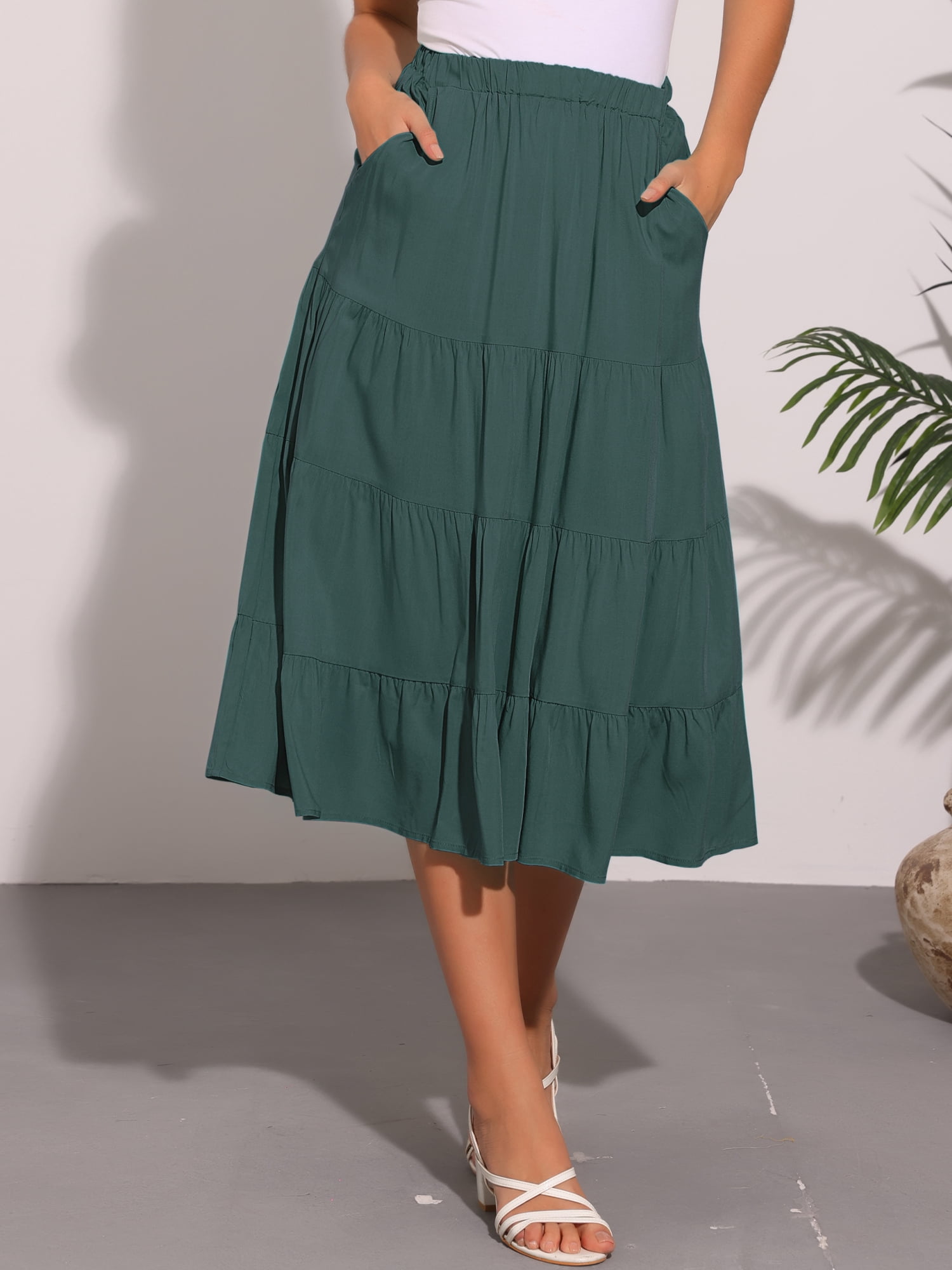 DARING DIVA Women's Midi Tiered Pleated Elastic Waist A-Line Skirt L Army Green