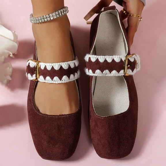 Viluyesy Womens Flats Shoes, Square Toe Soft Sole Ankle Strap Cute Suede Leather Dressy Shoes Wine US5.5