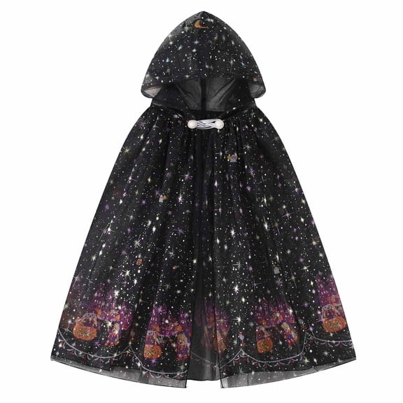 Arlun Halloween Hooded Capes for Kids 2026 Spooky Season Glittering Print Dark Witch Capes Girls Loose Comfy Lightweight Mesh Cape for Dress up Cosplay Party Black One Size