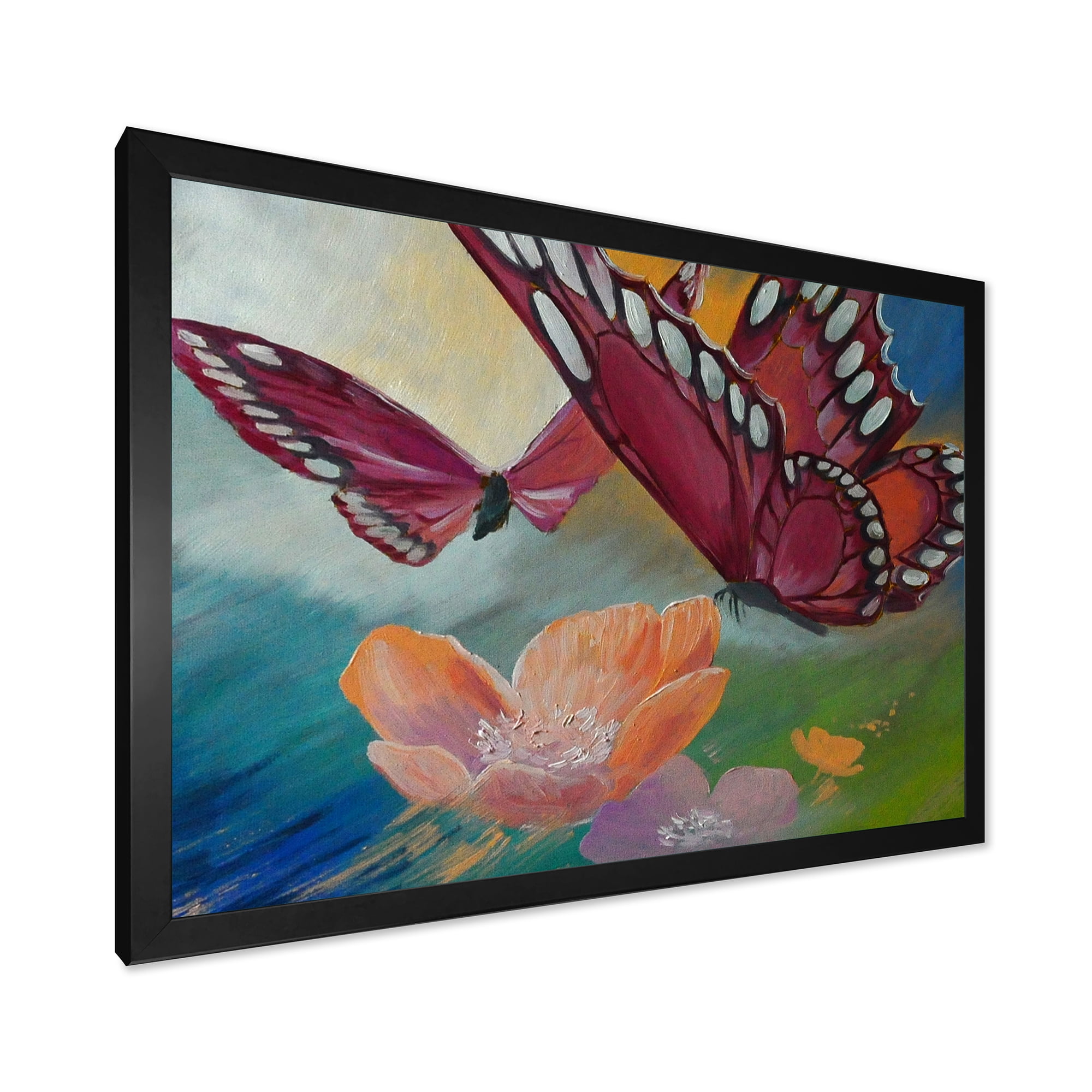 Designart 'Butterflies On Pink Flowers' Traditional Framed Art Print