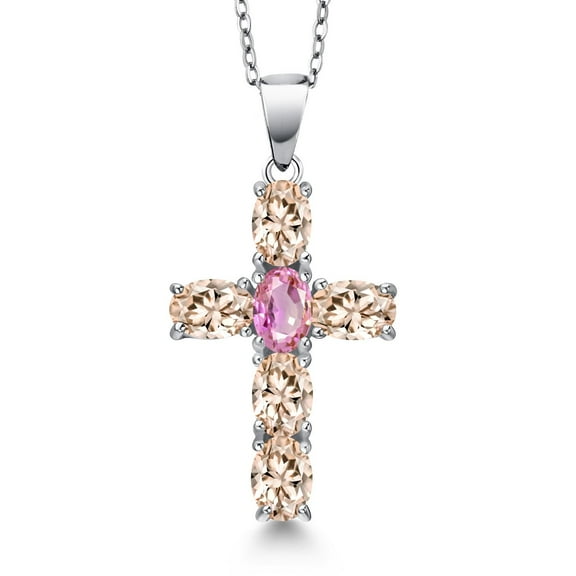 Gem Stone King 925 Sterling Silver Peach Morganite and Pink Sapphire Cross Pendant Necklace for Women | 3.10 Cttw | Gemstone October Birthstone | Oval 6X4MM | With 18 inch Chain