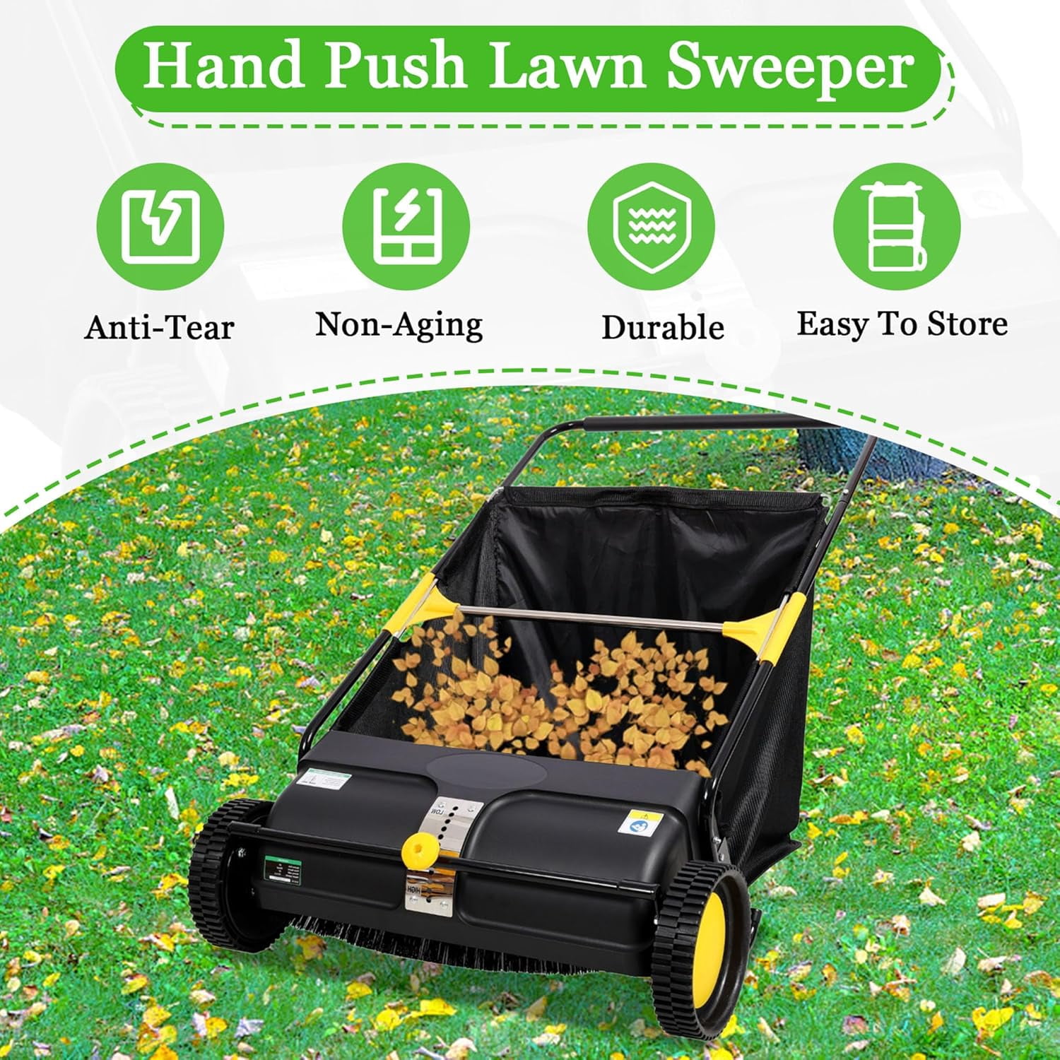 Elleree 26 inch Hand Push Lawn Sweeper for Leaves and Grass Clippings & Yard Debris,Leaf & Grass Collector with Wheels ,4 Spinning Brushes & 7 cu ft Hopper Bag