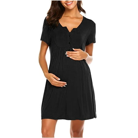 

asdoklhq Maternity Dresses for Women Plus Size O-Neck Solid Buttons Short Sleeve Pregnant Woman Dress Maternity Dress