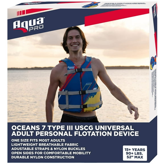 Oceans 7 Veste de Sauvetage Taille Adulte Taille Universelle USCG - Type III PFD Taille Poitrine 30 - 52 - Design Flexible à Côtés Ouverts - Bleu/rouge/jaune