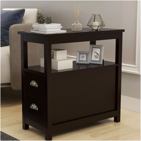 Brown Narrow End Table with 2 Drawers and Open Shelf, MDF Nightstand for Bedroom Living Room