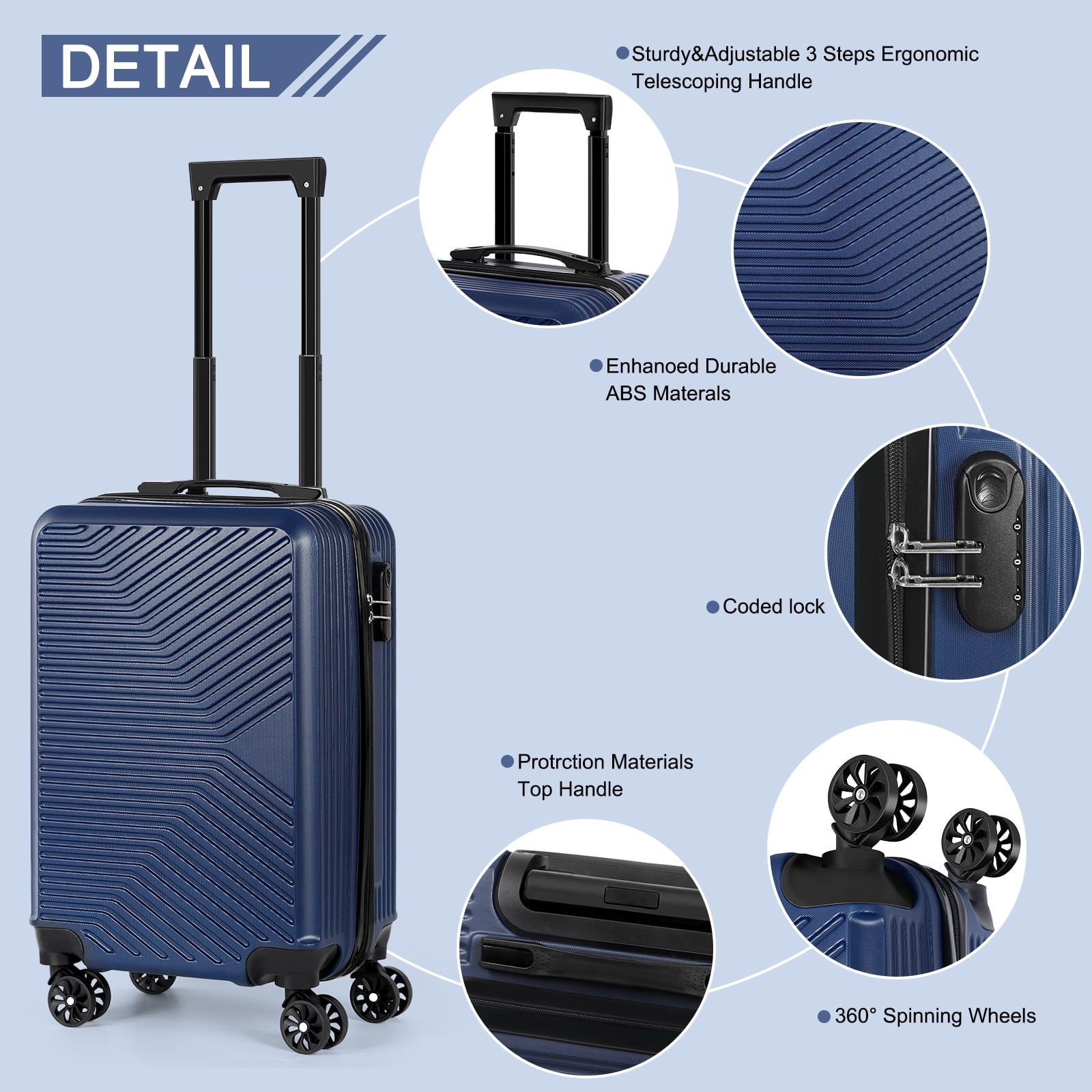 Carry On Luggage, 20" Hardside Suitcase ABS Spinner Luggage with Lock - Crossroad in Navy