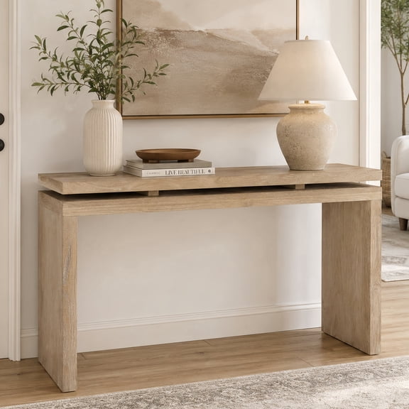 Atumcto 60" Farmhouse Narrow Console Table, Solid Wood Sofa Table with Double Board Suspension Design for Entryway, Hallway, Antique Natural